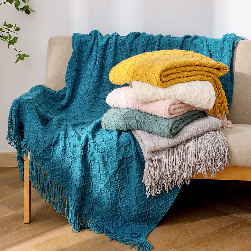 Solid Color Knitted Blanket with Fringe for Decor